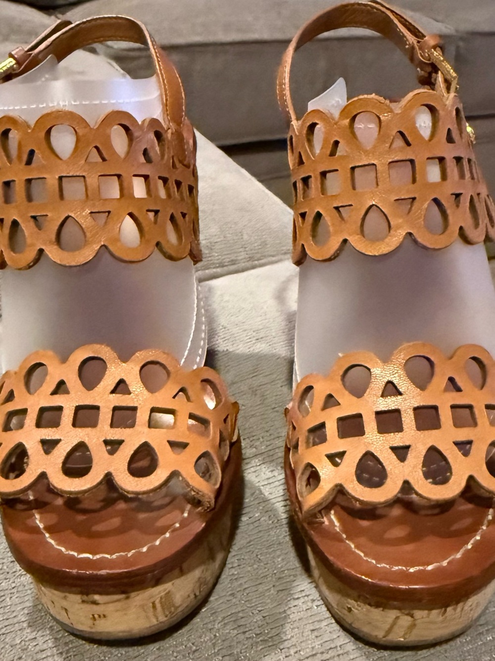 Tory Burch Nori Brown Laser-Cut Cork Wedge Sandals Sz 5 - Picture 2 of 10